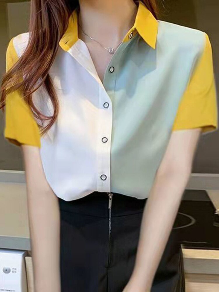 jinran Korean Fashion Hit Color Patchwork Loose Blouse Elegant Chiffon Tops Office Lady Spring Summer Chic Button Up Shirts Tunics