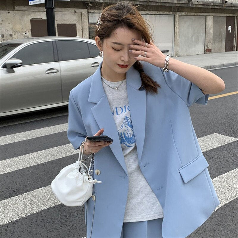 jinran Summer 2022 Thin Casual Loose Short Sleeve Jacket and Shorts Two-piece Elegant Women's Pants Suit Female Office Tracksuit Blazer