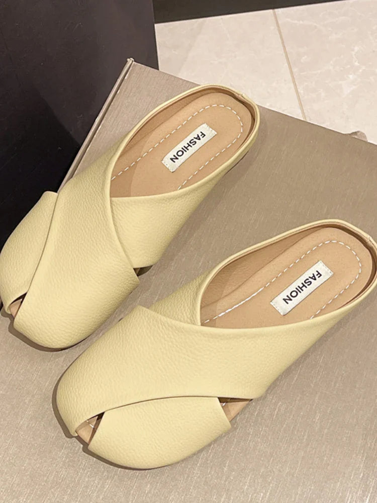 jinran Women Pure Color Flat Slippers Shoes Summer Peep Toe Leather Flat Sandals Female Fashion Mules Casual Outwear Shoes 2024 New