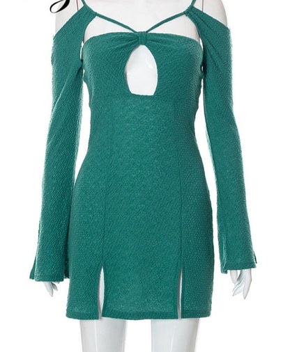 jinran Summer Ruched Sexy Y2K Clothes Hollow Out Long Sleeve Backless Side Slit Bodycon Mini Dresses For Women 2022 Club Party