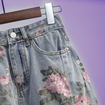 jinran Spring And Summer Trendy Flower Split Denim Skirt Women's 5XL Slightly Fat MM Thin Bag Hip Mid-length A-line Skirt