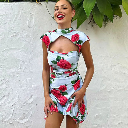 jinran Summer Floral Print Short Sleeve Sexy Mini Bodycon Dresses For Women Evening Party Club Elegant Blue Dress Vestidos