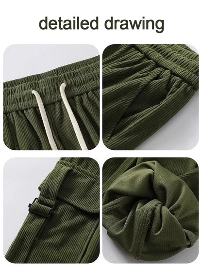 Corduroy Cargo Pants Men Oversize Wide Leg Cargo Trousers Male Streetwear Hip Hop Harajuku Green Loose Japanese Vintage