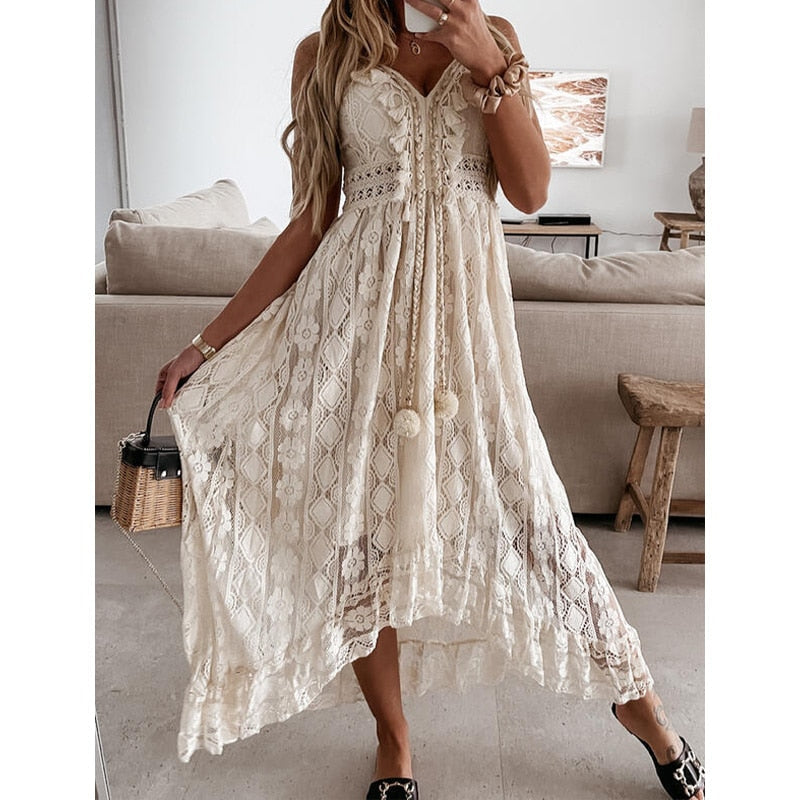 jinran Summer Boho Long Dresses Women Lace V Neck Spaghetti Strap Dress Lady Off Shoulder Beach Sundress White Dress Vestidos De Mujer