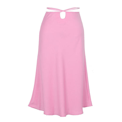 jinran Summer Cute Solid Color Satin Women Mini Skirt Fashion Sexy Cropped Zipper Lace Up Pink Miniskirt Silk Midi Skirts