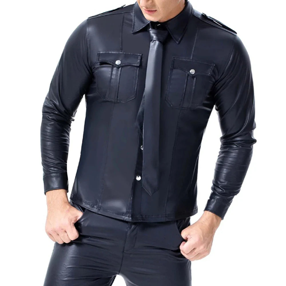 Fashion Black Faux Leather Men Oversize Fitness Shirts Long Sleeves Pocket PU Metal Fastener Tops Tees Sexy Slim Fit Sexy Shirt