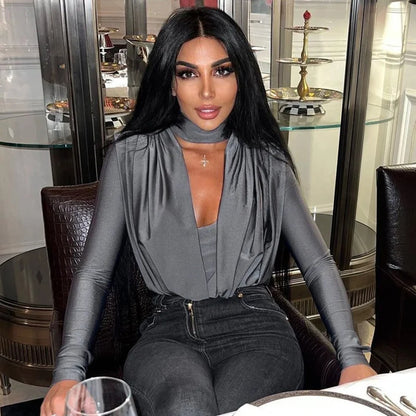 jinran Deep V Neck Full Sleeve Sexy Bodysuit Women Rompers Winter New Skinny Party Pleated Bodysuits Ladies T-shirt Clubwear