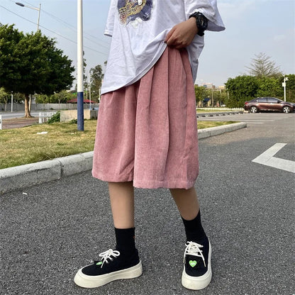 Brown Corduroy Shorts Oversized Baggy Five Point Trousers Summer Korean Fashion Wide Leg Pants Ins Hip Hop Bottoms Men and Women