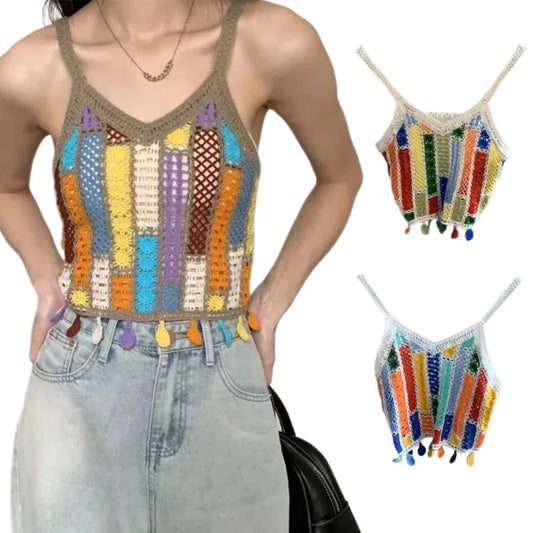 jinran Women Bohemian Crocheted Sleeveless V-Neck Camisole Summer Hollowed Knitted Colorful Tassels Thin Straps Crop Top