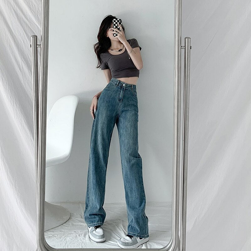 jinran Jeans Women Baggy High Waist Pants 2022 New Fashion Straight Leg Pants Y2k Denim Trousers Vintage Loose Washed Mom Jeans