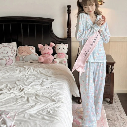 Korean Lace Pajamas Women Spring Sleepwear Lace Plaid Pyjamas Cute Cartoon Long Sleeve Nightdress Loose Comfortable Home Wear