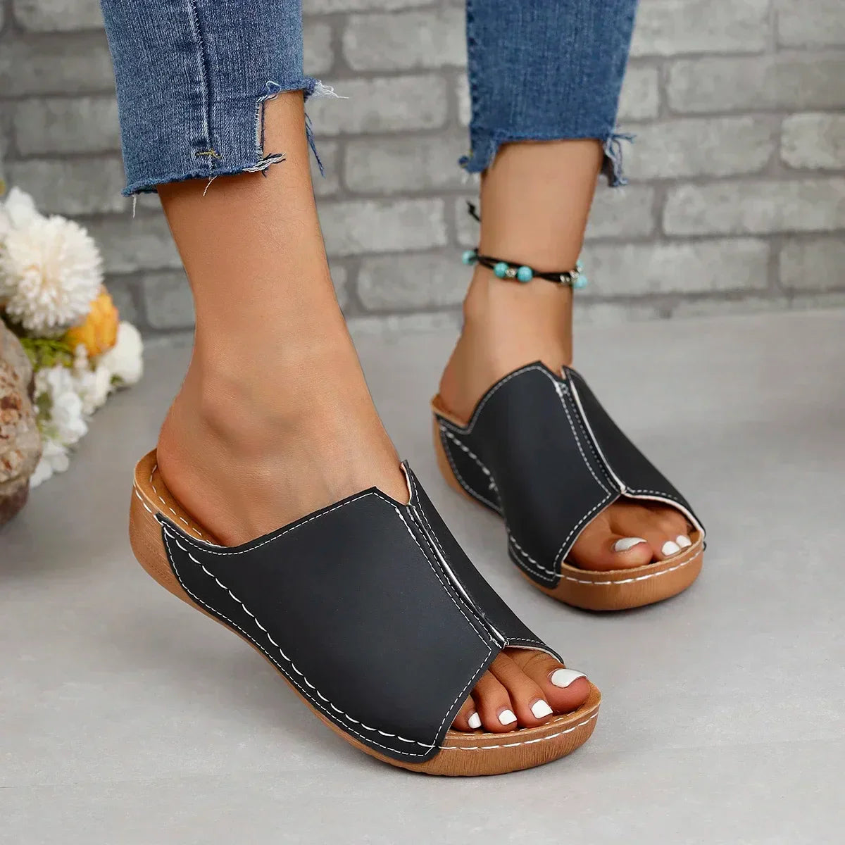 jinran Black Open Toe Women's Sandals Summer Fashion Breathable Comfortable Sandals Woman Wedge Buckle Female Footwear Woman Shoes