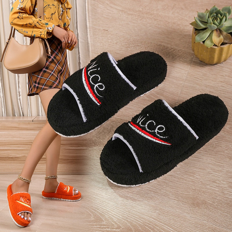 jinran 2022 Women New Luxury Brand One-word Thick-soled Warm Furry Women's Shoes Embossed Cotton Drag Outdoor All-match Casual Slippers