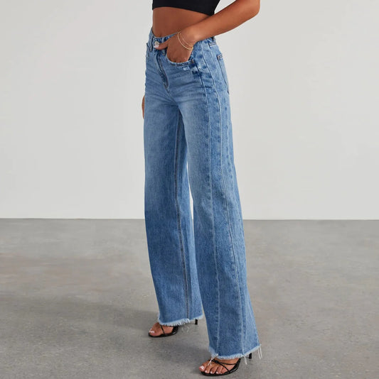 jinran Women Mid Waist Jeans Harajuku Streetwear Retro Fashion Autumn Loose Wide Leg Straight Loose Denim Trousers Y2k Baggy Pants