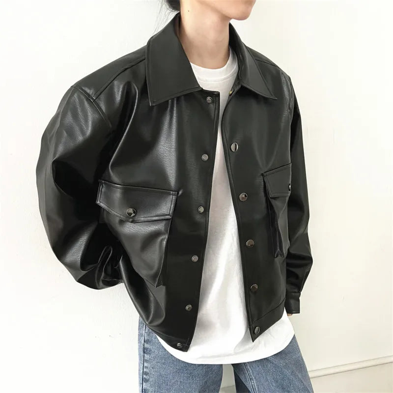 Black Short Leather Jacket Men Oversized Pocket Motorcycle Jackets Mens Streetwear Hip-hop Loose Bomber Jacket Men Korean Coat