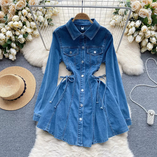 jinran Women Single Breasted Denim Dresses Retro Waist Slimming Temperament Turn-down Collar Bandage Slim Short Jeans Dresses
