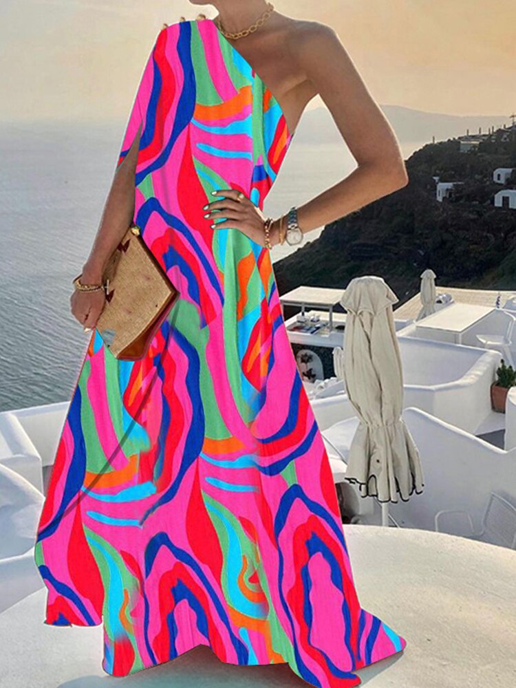 jinran New Summer Fashion One Shoulder Button Beach Long Dress Elegant Women Solid Loose Party Dress Sexy Diagonal Neck Boho Robe Dress