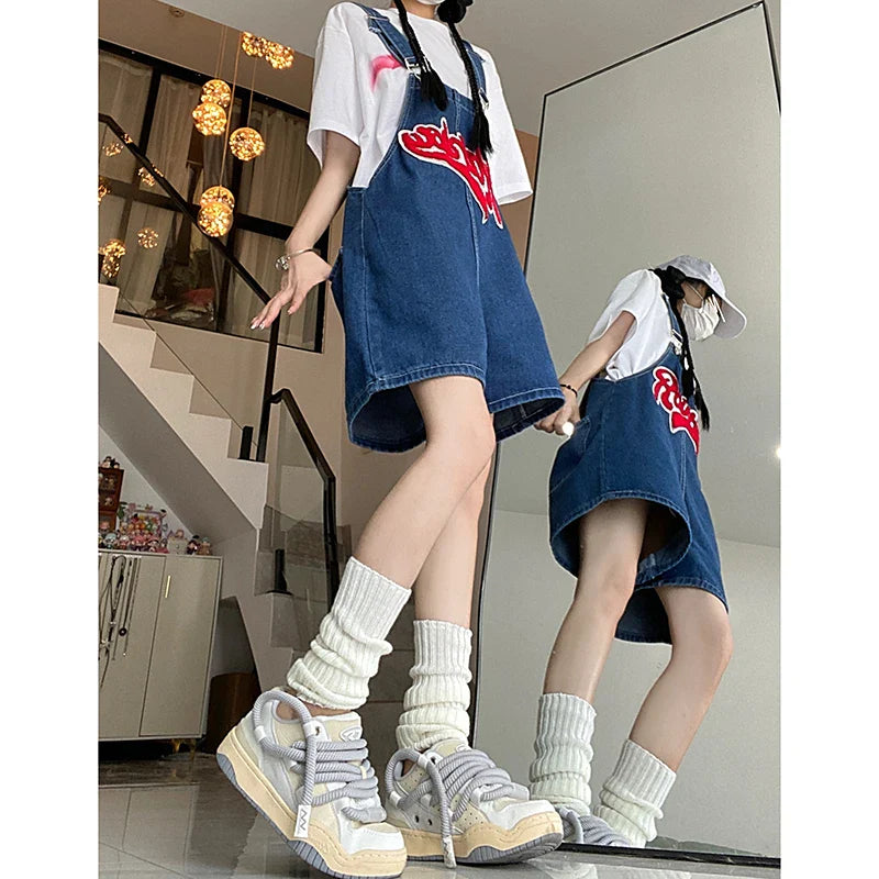 jinran Women Streetwear Kawaii Denim Shorts Overalls Lady Fashion Embroidery Oversize Wide Leg Jeans Female Y2k Clothes Deep Blue Pants