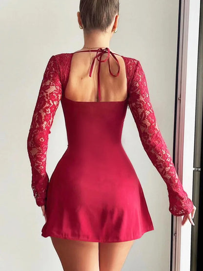 jinran Halter Strapless Sexy Mini Dress For Women Summer New Sheer Lace Long Sleeve Backless Lace-up Party Dress Fashion
