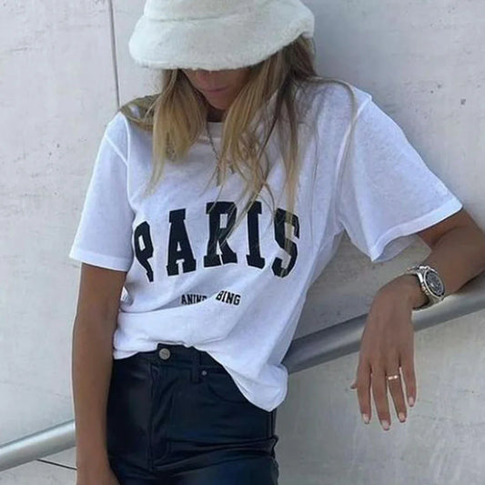 jinran PARIS Letter Print Washed T-shirt Tops Women Summer Round Neck Loose Tees Basic Fashion Casual Cotton Streetwear Tops Femme