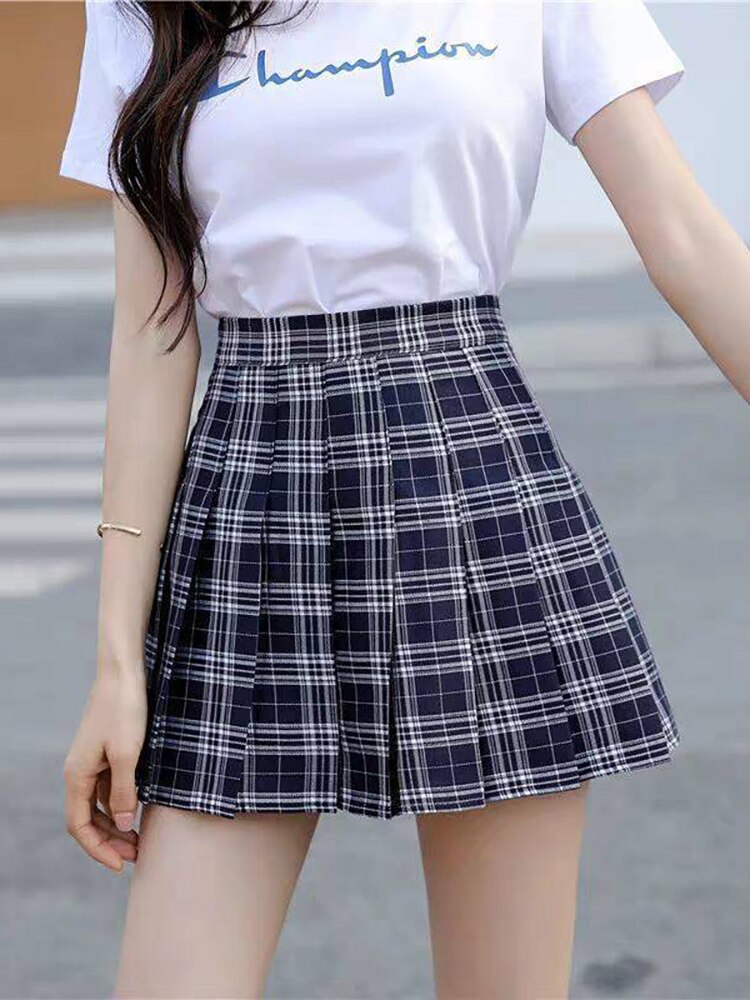 jinran Women Elegant High Waist Pleated A Line Skirt Summer Vintage Harajuku Y2K Plaid Korean Fashion Mini Kawaii Tennis Skirt Grils