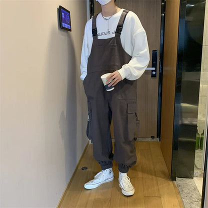 Suspenders Jumpsuit Pants Men Summer Overalls Japanese Loose Straps Casual Pockets Unisex Oversize Streetwear Solid Man Clothing