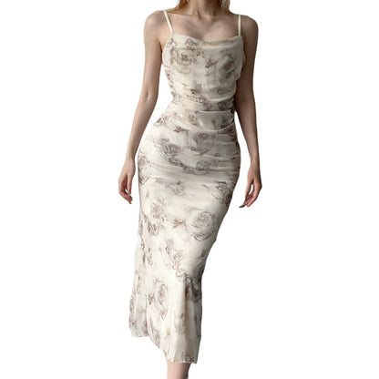 jinran Women Sling Long Dress, Sleeveless Off Shoulder Solid Color Ruffle Party Club Summer Spring Dress