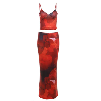 jinran Summer Women Casual Two Piece Sets Tie-Dye Print Fashion Y2K Deep V-Neck Strap Skirt Set Elegant Female Beach Vacation Outfits