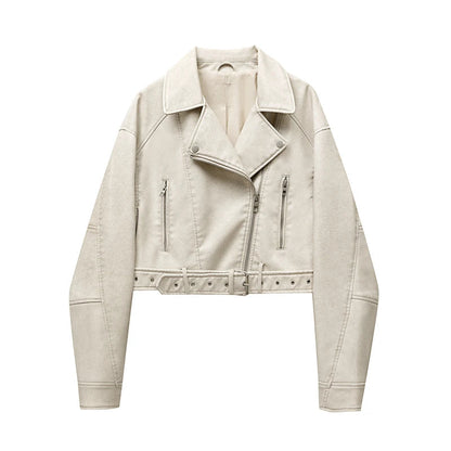 jinran 2024 Women Vintage Loose Pu Faux Leather Short Jacket with Belt Streetwear Female Zipper Retro Moto Biker Coat Outwear Tops