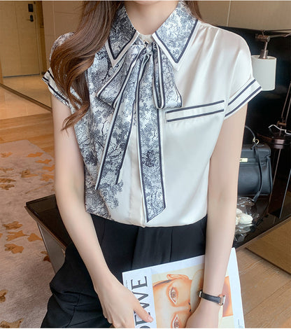 jinran Elegant Satin Luxury Women's Blouses Summer Casual Fashion Short Sleeve Print Stitching Bow Collar Shirt Loose Tops Chic Tunics