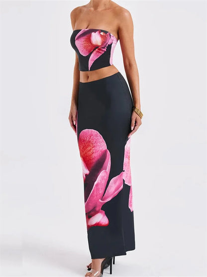jinran Sexy Women 2 Pieces Outfits Floral Print Tube Tops and Elastic Waist Bodycon Long Skirts Sets Summer Streetwear 2024