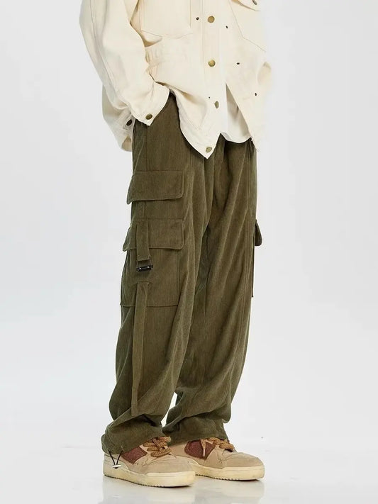 Corduroy Cargo Pants Men Oversize Wide Leg Cargo Trousers Male Streetwear Hip Hop Harajuku Green Loose Japanese Vintage