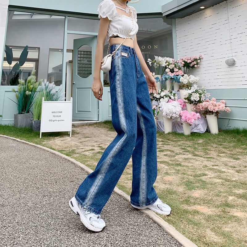 jinran 2022 New Spring Autumn Ins Street Hip-hop Wash Jeans Pants Loose Casual Denim Wide Leg Pants Tide Woman Side Stirp Jeans S-5XL