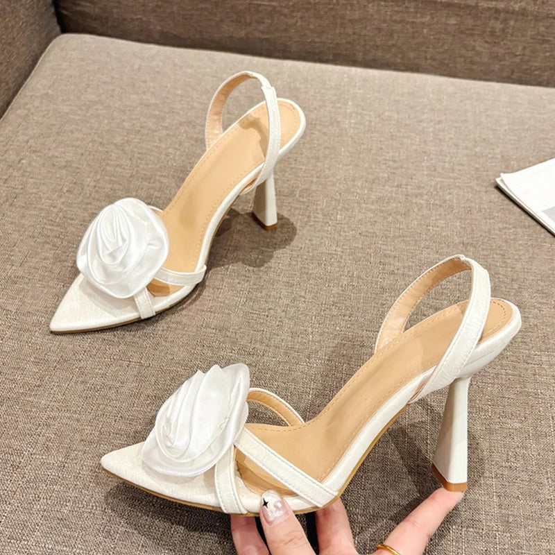 jinran Summer Fashion Silk Rose Flowers Pointed Open Toe Back Strap Sandals Women Red High Heels Wedding Prom Shoes Zapatos Mujer