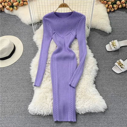 jinran Women Chic Elegant O-neck Elastic Bodycon Dress Sexy  Long Sleeve Fashion Knit Vestidos Basic Autumn Winter Casual Sweater Dress