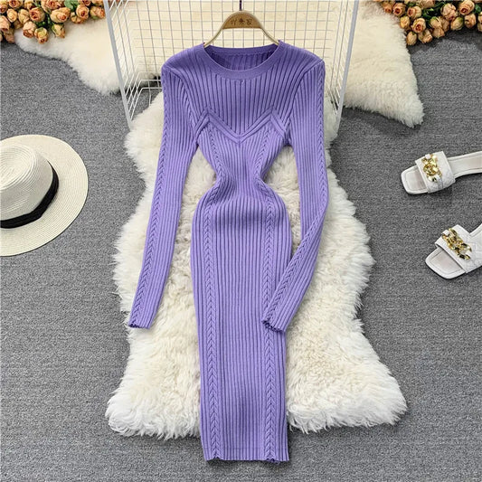 jinran Women Chic Elegant O-neck Elastic Bodycon Dress Sexy  Long Sleeve Fashion Knit Vestidos Basic Autumn Winter Casual Sweater Dress