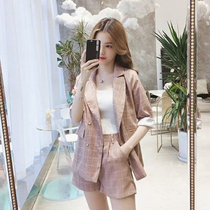 jinran Spring Summer Women Thin Casual Blazer Korean Fashion Graceful Plaid Suit Coat+Short Pants Two Pieces Set Workwear Female