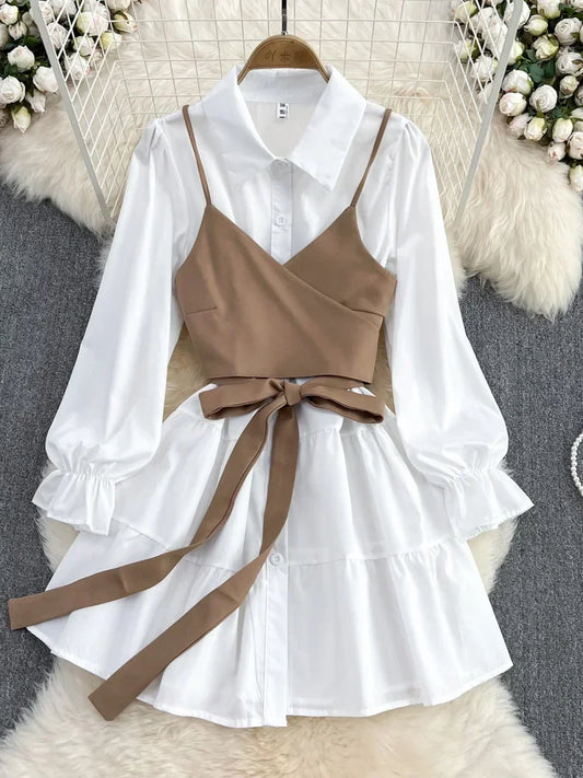 jinran Spring Autumn New Fashion Casual Suit Female Korean Loose White Shirt Dress Slim Vest Dress Two-piece Set GD786