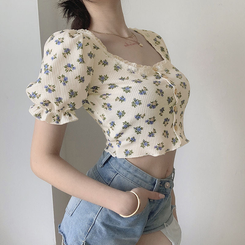 jinran Elegant French Style Summer Women Puff Sleeve Floral T shirts Casual Lace Patchwork Slim Cropped Tops Streetwear Harajuku Tee