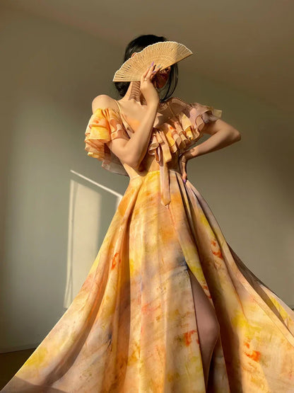 jinran Vintage Print Midi Dresses for Women 2023 New Summer French Elegant Spaghetti Strap Ruffle Female Clothes Casual Holiday Dress