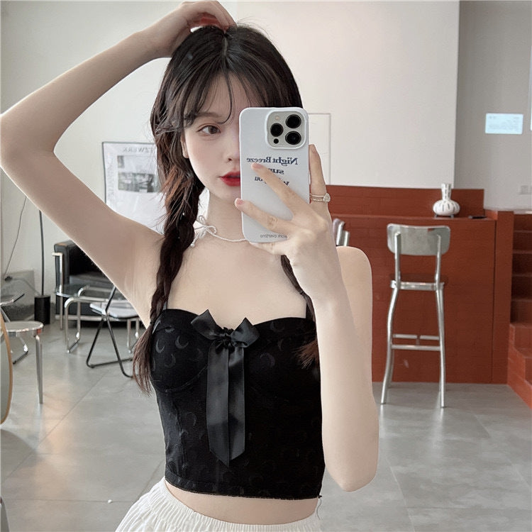 jinran Sexy Crop Top Women Crescent Moon Decorate Tank Top Bowknot Fixed Cup Padded Push Up Seamless Camisole Summer 2022 New