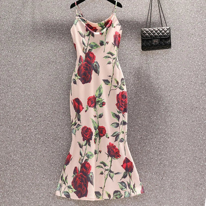 jinran 2024 Summer Vintage Elegant Rose Printing Sling Sexy Dress V-neck Chic Evening Chiffon Dresses Fashion Prom Party Maxi Vestidos