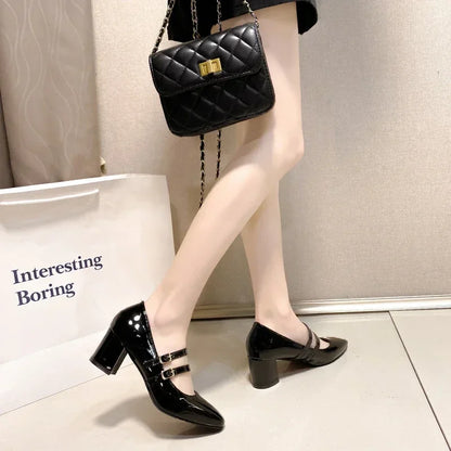 jinran Red Patent Leather Mary Janes Shoes 2024 Summer New Fashion Square Toe Women's Pumps Comfortable Chunky Heel Ladies Single Shoes