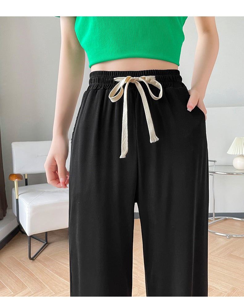 jinran Girls' New Summer Slim Ice Silk Quick Drying Wide Leg Pants Women'S Fashion Trend Versatile Anti Mosquito Straight Trousers