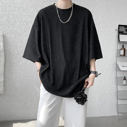 Summer Fashion Texture Men's T Shirt Casual Solid Short Sleeve Classical Tee Mens Oversized Hip-Hop Top Tees