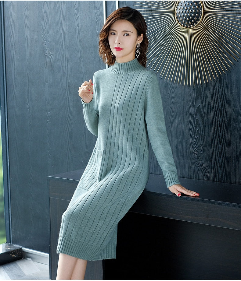 jinran Half High Collar Sweater Dress for Women In Autumn Winter New Medium Long Bottoming Sweater Knitted Pullover Streetwear Dresses