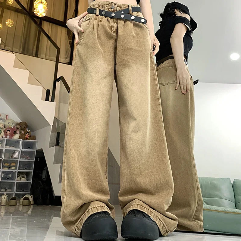 jinran Woman American High Waist 2000s Y2k Jeans Female 90s Vintage Designer Baggy Pants Girls Harajuku Fashion Brown Denim Trousers