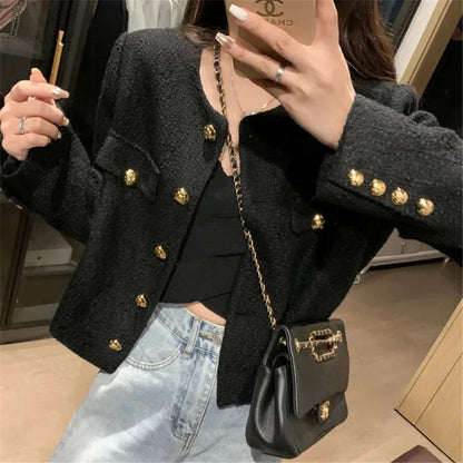 jinran Elegant Tweed Jacket Women New Spring Autumn Vintage O-Neck Single Breasted Cropped Jacket Korean Long Sleeve Short Coat Top