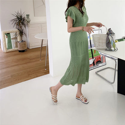 jinran 2022 Elegant Slim Knit Long Dress Women Summer Korean Simple Solid Sexy Hollow Out Deresses Female 2 Piece Set Derss