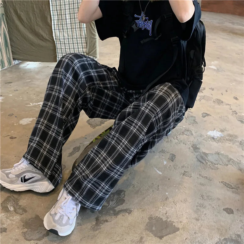 Spring Men Pants Black Women Plaid Trousers Casual Oversize Loose Wide Leg Trouser Harajuku Hip-hop All-match Streetwear S-4XL